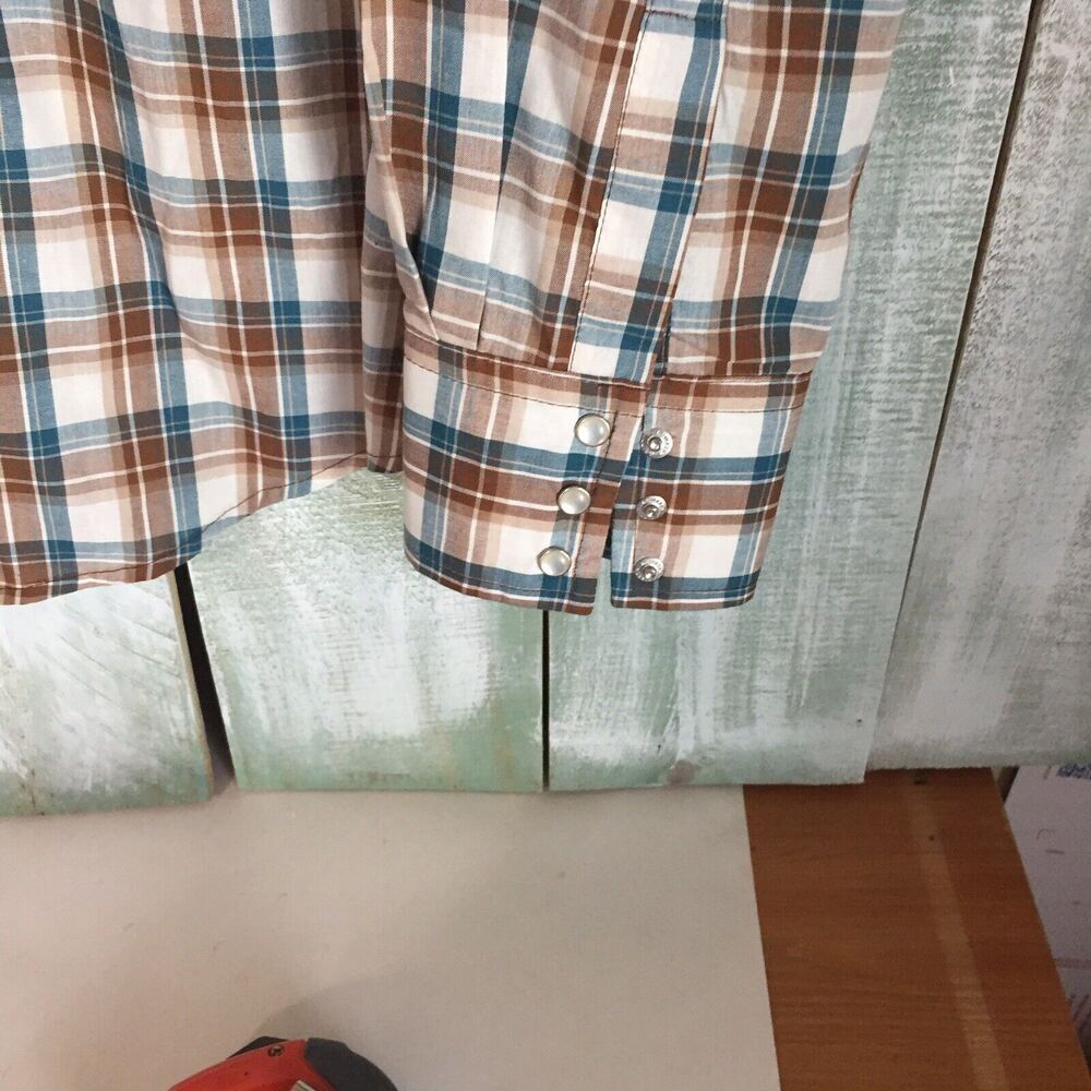 Wrangler Wrancher Brown White Plaid Western Pearl Snap Long Sleeve Shirt Mens XL - Picture 3 of 6